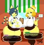  animal_crossing ankha_(animal_crossing) anthro bencs beverage big_breasts big_butt blue_eyes blue_hair bottomwear bow_tie breasts brown_eyes butt canid canine canis cleavage clothed clothing coffee coffee_cup cup dialogue domestic_cat domestic_dog dress duo egyptian english_text felid feline felis female fur genitals hair hand_on_hip hi_res holding_object holding_pen huge_breasts huge_butt huge_hips huge_thighs hyper hyper_breasts hyper_butt hyper_hips hyper_thighs inside isabelle_(animal_crossing) leggings legwear looking_at_viewer mammal menu nintendo pen profanity pussy shih_tzu skirt standing stockings text thick_thighs tight_clothing topwear toy_dog uraeus video_games waiter waitress_outfit wide_hips window yellow_body yellow_fur 