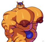  2021 anthro armor blue_thong bobthetanuki brown_stripes bulge chance_furlong clothing domestic_cat felid feline felis fur grin hanna-barbera headgear helmet hi_res male mammal moobs musclegut orange_body orange_fur smile solo stripes swat_kats t-bone_(swat_kats) thong underwear 