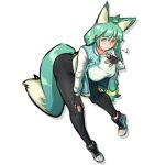  1girl animal_ear_fluff animal_ears black_gloves black_pants blue_footwear blue_jacket boots breasts fingerless_gloves fingernails fox_ears fox_girl fox_tail gloves green_eyes green_hair green_tail hair_ornament hair_rings highres jacket long_hair long_tail md5_mismatch open_clothes open_jacket original pants psuedomiracle shirt solo tail white_background white_shirt yoga_pants 