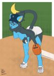  2021 anthro baseball_(disambiguation) baseball_cap baseball_glove biped black_body black_fur blue_body blue_fur breasts clothing felid feline female fur furgonomics hat headgear headwear hi_res luxray mammal nintendo nipples pok&eacute;mon pok&eacute;mon_(species) solo topless_female video_games vlc525 