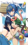  ! 2girls :d bare_arms berry_(pokemon) blue_eyes blue_hair blue_pants blush breasts cloud commentary_request crate eyebrows_visible_through_hair floating_hair flower gen_7_pokemon green_eyes green_hair hair_flower hair_ornament hairband highres holding lana_(pokemon) looking_down looking_up mallow_(pokemon) multiple_girls one-piece_swimsuit open_mouth overalls pants pants_pull pokemon pokemon_(creature) pokemon_(game) pokemon_sm shiny shiny_hair shirt short_hair sky smile spoken_exclamation_mark swimsuit teeth tm_(hanamakisan) tongue water wishiwashi wishiwashi_(solo) 