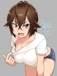  1girl agawa_ryou antenna_hair bent_over blue_eyes breasts brown_hair commentary denim denim_shorts english_commentary fang freckles grey_background large_breasts looking_at_viewer open_mouth original short_hair short_shorts shorts simple_background solo thighs 