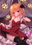  1girl :p alternate_costume arm_up bare_arms black_legwear blonde_hair blurry blurry_background breasts brooch cacao_(cacaomgmg) cleavage commentary_request cowboy_shot curtains detached_sleeves dress dress_lift eyebrows_visible_through_hair fingernails flandre_scarlet garter_straps hair_between_eyes hair_ribbon hanging_light highres jewelry lace lace_legwear lifted_by_self looking_at_viewer nail_polish no_hat no_headwear one_side_up petticoat puffy_short_sleeves puffy_sleeves red_dress red_eyes red_nails ribbon see-through_sleeves short_sleeves sitting small_breasts solo thighhighs tongue tongue_out touhou wings wrist_cuffs 