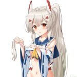  &gt;:q 1girl :&gt; :d adjusting_hair ayanami_(azur_lane) azur_lane bangs blue_sailor_collar blush breasts collarbone commentary_request detached_sleeves doyagao eyebrows_visible_through_hair hair_between_eyes hair_ornament hairclip headgear highres holding holding_hair long_hair long_ponytail looking_at_viewer navel neckerchief open_mouth platinum_blonde_hair ponytail red_eyes retrofit_(azur_lane) sailor_collar school_uniform serafuku shironora shirt sidelocks simple_background small_breasts smile smug solo sparkle stomach twitter_username underboob white_background white_shirt wide_sleeves yellow_neckwear 