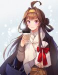  1girl ahoge alternate_costume bag black_coat blush brown_hair closed_mouth coat coat_on_shoulders coffee_cup cup disposable_cup double_bun highres holding kantai_collection kasumi_(skchkko) kongou_(kantai_collection) lips long_hair long_sleeves purple_eyes scarf shoulder_bag smile solo upper_body white_scarf 