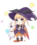  1girl :&lt; absurdres aoman_de_cangshu bangs blonde_hair blue_eyes blunt_bangs blush bow bunny chibi closed_mouth eyebrows_visible_through_hair gloves green_eyes hand_on_hip hand_up hat hat_bow highres holding_bunny looking_at_viewer mononobe_alice nijisanji pumpkin purple_gloves purple_headwear red_bow simple_background solo star_(symbol) white_background witch_hat 