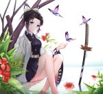  1girl absurdres aoman_de_cangshu bangs barefoot belt black_hair blush bottomless breasts bug butterfly butterfly_hair_ornament closed_mouth eyebrows_visible_through_hair flower gradient_hair hair_ornament hand_up haori highres insect jacket japanese_clothes kimetsu_no_yaiba knees_up kochou_shinobu legs long_sleeves looking_at_viewer multicolored_hair parted_bangs purple_butterfly purple_eyes purple_hair red_flower short_hair sitting smile solo sword water weapon wet wide_sleeves 