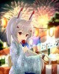  1girl absurdres alternate_costume ayanami_(azur_lane) azur_lane bangs blurry blush candy_apple chocolate_banana commentary_request cotton_candy depth_of_field eyebrows_visible_through_hair eyes_visible_through_hair fireworks food food_stand from_side hair_ornament hairclip head_tilt headgear highres holding japanese_clothes kimono lantern licking long_hair looking_at_viewer looking_to_the_side night night_sky orange_eyes retrofit_(azur_lane) shironora sidelocks silver_hair sky solo stand summer_festival translation_request twitter_username wide_sleeves yukata 