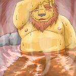  1:1 2021 anthro balls bathing belly blush felid flaccid genitals hi_res kemono lion male mammal misterdonn moobs navel nipples overweight overweight_anthro overweight_male pantherine penis solo water wet 
