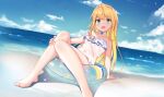  1girl absurdres ahoge aoman_de_cangshu bangs bare_shoulders barefoot blonde_hair blush bottomless breasts choker cloud collarbone covered_navel eyebrows_visible_through_hair fang green_eyes hand_on_own_knee highres innertube knees_up legs long_hair looking_at_viewer mononobe_alice nijisanji ocean open_mouth see-through sitting skin_fang sky small_breasts solo swimwear toes virtual_youtuber water white_choker 