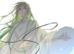  1boy androgynous bangs blue_eyes cloak enkidu_(fate/strange_fake) expressionless fate/grand_order fate_(series) green_hair jewelry looking_at_viewer necklace rrr_(reason) wind 