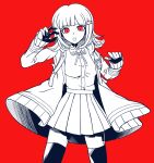 1girl alternate_eye_color bangs blunt_bangs breasts commentary_request cowboy_shot danganronpa_(series) danganronpa_2:_goodbye_despair dress_shirt hair_ornament hairclip hands_up hood hooded_jacket jacket long_sleeves looking_at_viewer medium_hair miniskirt nanami_chiaki neck_ribbon open_clothes open_jacket open_mouth pleated_skirt readybug red_background red_eyes ribbon shirt simple_background skirt solo standing thighhighs zettai_ryouiki 