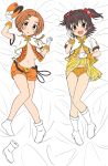  2girls :d akagi_miria arm_up bangs bed_sheet black_hair blush boot_removed boots bow bow_panties brown_eyes brown_hair commentary_request dakimakura_(medium) flo gloves hair_bow hair_ornament hat hat_removed headwear_removed heart heart_hair_ornament highres idolmaster idolmaster_cinderella_girls jacket lifted_by_self looking_at_viewer lying multiple_girls navel on_back open_clothes open_fly open_mouth open_shorts orange_headwear orange_panties orange_shorts panties parted_bangs pleated_skirt red_bow ryuuzaki_kaoru shako_cap short_shorts short_sleeves shorts single_boot skirt skirt_lift smile socks two_side_up underwear white_footwear white_gloves white_jacket white_legwear yellow_skirt 