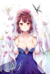  1girl alt atelier_(series) atelier_sophie bare_shoulders blue_dress blush breasts bridal_veil brown_eyes bug butterfly cleavage collarbone commentary_request dress elbow_gloves eyebrows_visible_through_hair fairy flower gloves hair_flower hair_ornament highres insect looking_at_viewer medium_breasts petals red_hair short_hair sleeveless sleeveless_dress smile solo sophie_neuenmuller strapless strapless_dress veil 