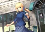 1girl ahoge artoria_pendragon_(all) bangle bangs blonde_hair blue_scrunchie blue_shirt blue_skirt bracelet breasts brick_wall cafeteria closed_mouth collared_shirt commentary_request day dress_shirt eyebrows_visible_through_hair fate/stay_night fate_(series) fujimaru_ritsuka_(female) green_eyes hair_between_eyes hair_ornament hair_scrunchie hand_up jewelry long_hair long_sleeves looking_at_viewer low_ponytail mash_kyrielight mishiro_(ixtlolton) outdoors ponytail railing saber scrunchie shirt skirt small_breasts smile solo window 