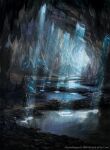  1other absurdres alayna_danner bat cave fantasy highres holding holding_weapon light_rays magic:_the_gathering nature no_humans official_art runes scenery solo watermark weapon wide_shot 
