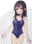  1girl bangs bare_arms bare_shoulders black_hair blue_swimsuit blush breasts chain-link_fence collarbone commentary_request covered_navel eyebrows_visible_through_hair fence fujiwara_hajime hair_between_eyes idolmaster idolmaster_cinderella_girls long_hair looking_away medium_breasts minamiya_mia one-piece_swimsuit parted_lips red_eyes school_swimsuit solo standing swimsuit twitter_username very_long_hair wet white_background 