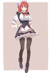  1girl alternate_costume apron black_footwear black_legwear border bow bowtie breasts brown_background buttons closed_mouth duplicate eyebrows_visible_through_hair frills full_body hair_between_eyes hand_on_hip high_collar large_breasts looking_at_viewer maid maid_headdress poronegi puffy_short_sleeves puffy_sleeves red_bow red_eyes red_hair red_neckwear red_ribbon ribbon ribbon-trimmed_bow sekibanki short_hair short_sleeves simple_background solo standing sweat thighhighs touhou waist_apron white_apron white_border white_headdress wrist_cuffs 