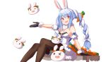  &gt;_&lt; 1girl :d ;d ame. animal_ear_fluff animal_ears bare_shoulders black_gloves black_leotard blue_hair blush bow braid breasts brown_legwear bunny_ears carrot carrot_hair_ornament cleavage closed_eyes commentary_request detached_sleeves don-chan_(usada_pekora) dress feet_out_of_frame food_themed_hair_ornament fur-trimmed_dress fur-trimmed_gloves fur_trim gloves hair_bow hair_ornament highres hololive leotard long_hair looking_at_viewer multicolored_hair nousagi_(usada_pekora) one_eye_closed open_mouth outstretched_arm pantyhose puffy_short_sleeves puffy_sleeves red_eyes round_teeth short_sleeves sidelocks simple_background sitting small_breasts smile strapless strapless_dress strapless_leotard teeth twin_braids twintails two-tone_hair upper_teeth usada_pekora very_long_hair virtual_youtuber white_background white_bow white_dress white_hair white_sleeves xd 