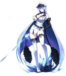  1girl akame_ga_kill! black_choker blue_eyes blue_hair boots breasts chest_tattoo choker cleavage double-breasted esdeath hair_between_eyes halcon hat highres holding holding_sword holding_weapon ice large_breasts long_hair looking_at_viewer military military_uniform peaked_cap rapier simple_background solo sword tattoo thigh_boots thighhighs uniform very_long_hair weapon white_background white_footwear 