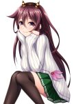  1girl absurdres black_legwear brown_hair closed_mouth eyebrows_visible_through_hair fake_horns feet_out_of_frame green_skirt hair_between_eyes highres horned_headwear horns kantai_collection kisaragi_(kantai_collection) long_hair long_sleeves pleated_skirt purple_hair ribbed_sweater ruin_re_birth simple_background skirt smile solo sweater thighhighs white_background white_sweater yellow_eyes 
