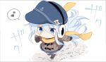  1girl adapted_costume anchor_symbol black_legwear blue_headwear blue_skirt brown_mittens chibi coat commentary_request earmuffs eighth_note flat_cap full_body grey_coat grey_eyes hat hibiki_(kantai_collection) highres hizuki_yayoi kantai_collection long_hair mittens musical_note pleated_skirt running scarf silver_hair skirt solo spoken_musical_note thighhighs winter_clothes yellow_scarf 