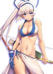  1girl bangs blue_eyes bow_(weapon) breasts covered_nipples dark_skin dark_skinned_female highres holding holding_weapon looking_at_viewer majikina_mina medium_breasts navel no_panties ponytail saigadou samurai_spirits sarong shiny shiny_hair shiny_skin side-tie_skirt snk solo standing weapon white_hair white_sarong 