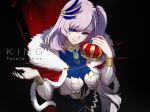  1girl bangs blue_eyes blue_skirt braid breasts bright_pupils cape character_name crown english_commentary eyebrows_visible_through_hair feather_hair_ornament fur_trim holding_crown hololive hololive_indonesia king_(vocaloid) kuroha_ai large_breasts looking_up midriff_cutout official_art open_hand pavolia_reine see-through_sleeves side_ponytail silver_hair sitting skirt smile solo song_name virtual_youtuber white_pupils 