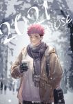  1boy 2021 alternate_costume beige_jacket black_hair black_scarf breath brown_eyes cup disposable_cup facial_mark happy_new_year highres hood hooded_jacket itadori_yuuji jacket jujutsu_kaisen looking_at_viewer male_focus mo_si_(z1216150815) new_year pink_hair scarf short_hair snowing solo spiked_hair sweater undercut upper_body white_sweater winter_clothes 