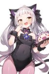 1girl :d ahoge animal_ear_fluff animal_ears ass_visible_through_thighs bangs blunt_bangs blush bow bowtie cat_ears cat_tail covered_navel cowboy_shot flat_chest grey_hair highres hololive long_hair maid_headdress minato_aqua mou_tama_maru murasaki_shion open_mouth pantyhose playboy_bunny purple_bow purple_legwear simple_background smile solo tail tray twintails very_long_hair virtual_youtuber white_background wrist_cuffs yellow_eyes 