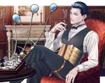  1boy bangs blue_eyes blue_hair bow bowtie chess_piece chessboard collared_shirt corset crossed_legs fate/grand_order fate_(series) fireplace hair_slicked_back holding looking_at_viewer magnifying_glass sherlock_holmes_(fate/grand_order) shirt sitting vest 