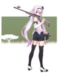  .live 1girl absurdres binoculars black_legwear carro_pino detached_sleeves full_body gun headband highres looking_at_viewer purple_eyes purple_hair rifle shoes shorts simple_background sleeveless smile solo standing thighhighs virtual_youtuber weapon 