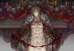  1boy abs alfred_(bloodborne) blonde_hair blood bloodborne bloody_clothes bloody_hands candle cape chest_hair closed_eyes closed_mouth collarbone fire flame highres holding holding_organ indoors male_focus navel organs pilgrim_(silentreverie) ribs sideburns skull solo white_cape 