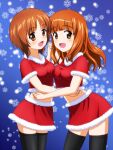  2girls :d bangs black_legwear blue_background blunt_bangs breast_press breasts brown_eyes brown_hair christmas commentary_request cowboy_shot doutanuki eyebrows_visible_through_hair fur-trimmed_shirt fur-trimmed_skirt fur_trim girls_und_panzer hand_on_another&#039;s_waist highres holding_hands long_hair looking_at_viewer medium_breasts midriff miniskirt multiple_girls nishizumi_miho open_mouth orange_eyes orange_hair red_shirt red_skirt santa_costume shirt short_hair short_sleeves skirt smile snowflake_background standing symmetrical_docking symmetrical_hand_pose takebe_saori thighhighs 
