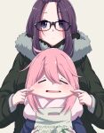  2girls absurdres bangs_pinned_back blue_eyes cheek_pinching cheek_pull closed_eyes eyebrows_visible_through_hair fur_trim glasses hanya_(hanya_yashiki) highres holding jacket kagamihara_nadeshiko kagamihara_sakura long_hair multiple_girls pinching pink_hair purple_hair scarf siblings simple_background sisters upper_body yurucamp 