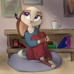  1:1 anthro barefoot book bottomwear clothed clothing color_edit colored cup detailed_background edit fully_clothed fur hi_res inside lagomorph leporid light lighting mammal pants pawtsun pillow purple_eyes rabbit ribbontini shirt sitting solo topwear 