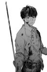  1boy belt black_hair blood blood_on_face bloody_clothes bloody_weapon broken_eyewear crack earbuds earphones glasses greyscale hatching_(texture) highres holding holding_weapon jung_jae-heon_(sweet_home) looking_at_viewer male_focus monochrome parted_lips shirt_tucked_in simple_background sleeves_rolled_up smile solo sweet_home_(webtoon) unye_00 weapon white_background 