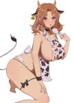  1girl absurdres animal_ears animal_print apron areola_slip areolae bell belt_collar black_bow black_coat black_panties bow breasts brown_hair coat collar commentary_request covered_nipples cow_ears cow_girl cow_horns cow_print cow_tail cowbell eyebrows_visible_through_hair eyelashes facial_mark frilled_apron frills from_side hand_on_own_leg hand_up heart heart_facial_mark highres holding holding_ladle horns huge_breasts jintianhuahualema ladle looking_at_viewer looking_to_the_side medium_hair mole mole_on_breast nail_polish nearly_naked_apron neck_bell open_mouth original panties print_apron purple_eyes sideboob simple_background solo spill string_panties tail thigh_strap thighhighs underwear white_background 