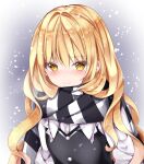  1girl blonde_hair blush commentary_request eyebrows_visible_through_hair gradient gradient_background kirisame_marisa looking_at_viewer nanase_nao scarf simple_background smile snow touhou yellow_eyes 
