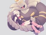  1girl bare_arms beanie boots carrying closed_mouth commentary_request dawn_(pokemon) dusknoir eyelashes gen_4_pokemon grey_background grey_eyes hair_ornament hairclip hat highres knees komasawa_(fmn-ppp) long_hair over-kneehighs pink_footwear pokemon pokemon_(creature) pokemon_(game) pokemon_dppt scarf sidelocks simple_background thighhighs white_headwear 