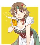  1girl alcohol alternate_costume bangs beer beer_mug blush breasts brown_eyes brown_hair chiyoda_(kancolle) cleavage commentary cup dirndl flower foam german_clothes hair_flower hair_ornament headband heart holding holding_cup kantai_collection large_breasts looking_at_viewer mug parted_lips red_flower sagamiso short_hair short_sleeves simple_background solo sparkle symbol-only_commentary tassel two-tone_background yellow_flower 