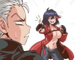  1boy 1girl ahoge black_gloves black_hair blush bocodamondo breasts bursting_breasts confused cosplay crossover dante_(devil_may_cry) dante_(devil_may_cry)_(cosplay) devil_may_cry devil_may_cry_5 fingerless_gloves gloves highres jacket kill_la_kill large_breasts long_jacket matoi_ryuuko multicolored_hair navel nervous no_bra open_clothes open_jacket pointing red_hair red_jacket short_hair sleeves_rolled_up smile streaked_hair sweat sweatdrop vergil white_background white_hair 