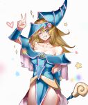  1girl absurdres arm_behind_back bare_shoulders bennopi blonde_hair blue_eyes blue_headwear blush_stickers breasts cleavage collarbone dark_magician_girl eyebrows_visible_through_hair fingernails hair_between_eyes hat heart highres holding holding_wand long_hair mage off_shoulder one_eye_closed rainbow smile solo sparkle teeth v wand yu-gi-oh! 