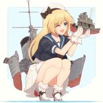  1girl blonde_hair blue_eyes blue_sailor_collar dress giant giantess gloves hat holding jervis_(kantai_collection) kantai_collection long_hair mary_janes one_eye_closed raps_(yohomeboyraps) rigging sailor_collar sailor_dress sailor_hat ship shoes size_difference smokestack squatting torpedo torpedo_tubes watercraft white_dress white_gloves white_headwear 