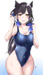  1girl alternate_costume animal_ears atago_(azur_lane) azur_lane black_hair blue_swimsuit blue_towel breasts brown_eyes cleavage commentary_request covered_navel cowboy_shot dog_ears gradient gradient_background highleg highleg_swimsuit highres large_breasts long_hair looking_at_viewer non_(noahtan) school_swimsuit solo standing swimsuit towel white_background white_towel 