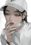  1girl arm_tattoo baseball_cap black_hair brown_eyes cigarette ear_piercing eriol_s2 face hair_behind_ear hat lips long_hair long_sleeves looking_to_the_side mask mouth_mask nike original piercing portrait shirt simple_background smoke smoking solo tattoo teeth white_background 