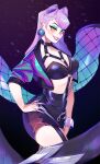  1girl blue_eyeshadow blush bracelet breasts commentary cropped_jacket earrings english_commentary evelynn_(league_of_legends) eyeshadow hand_on_hip highres jacket jewelry k/da_(league_of_legends) league_of_legends long_hair looking_at_viewer makeup medium_breasts open_clothes open_jacket purple_hair smile solo the_baddest_evelynn victory_rolls yellow_eyes zambiie 