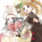  2girls alcremie alcremie_(strawberry_sweet) apron bag black_hair blurry brown_dress brown_hair commentary_request dawn_(pokemon) dress eye_contact eyelashes eyewear_removed floating_hair from_below gen_5_pokemon gen_8_pokemon grey_eyes hair_ornament hairclip hat holding_strap long_hair long_sleeves looking_at_another multiple_girls nail_polish nikuzaiku on_head open_mouth pink_dress pink_nails pokemon pokemon_(creature) pokemon_(game) pokemon_masters_ex pokemon_on_head serena_(pokemon) short_sleeves shoulder_bag sidelocks smile sunglasses tied_hair tongue whimsicott white-framed_eyewear 