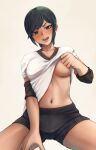  1girl :d aira_(qwedcxza49) bangs between_legs black_hair black_shorts blue_eyes blush breasts collarbone commentary_request covered_nipples cowboy_shot elbow_sleeve eyebrows_visible_through_hair gym_shirt gym_shorts gym_uniform hand_between_legs head_tilt highres large_breasts lifted_by_self looking_at_viewer navel open_mouth original shirt shirt_lift short_hair short_sleeves shorts sidelocks simple_background sitting smile solo spread_legs stomach sweat swept_bangs teeth tomboy underboob white_background white_shirt 