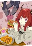  1girl :t absurdres alternate_costume arknights bare_shoulders black_choker bra_strap casual choker collarbone cup disposable_cup drinking_straw food grey_sweater hamburger highres holding holding_food horns long_hair looking_at_viewer multiple_views nail_polish off-shoulder_sweater off_shoulder pink_background pink_nails purple_eyes red_hair stg_(stg07201223) surtr_(arknights) sweater upper_body v-shaped_eyebrows 
